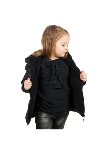 Kız Çocuk Siyah Içi Polarlı Kapüşonlu Su Geçirmez Rüzgara Dayanıklı Şişme Kışlık Mont & Kaban Siyah