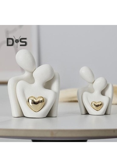 Novahub Çift Kucaklama Heykeli Beyaz Seramik Altın Kalp Erkek Kadın Aşk Heykeli Oturma Odası Yatak Odası Biblo M