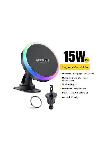 Tysm Joyjadehub Essager Rgb Manyetik Araç Telefon Tutucu Qi 15w Qi Kablosuz Şarj, Rgb Aydınlatma,  Ve Android Uyumluluğu, 360 Dönüşüm 1pc