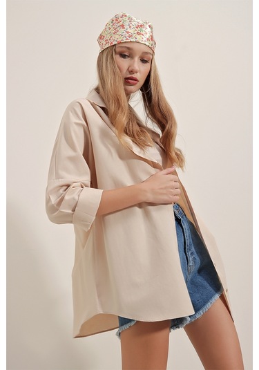 Bigdart 3900 Oversize Uzun Basic Gömlek - Krem 001