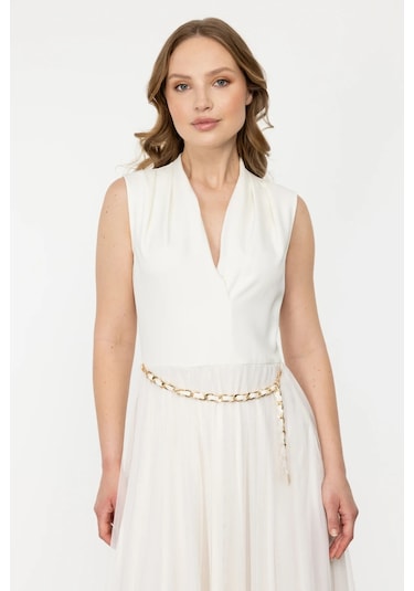 Ekol Kadın V Yaka Zincir Kemerli Elbise 4084 Ekru