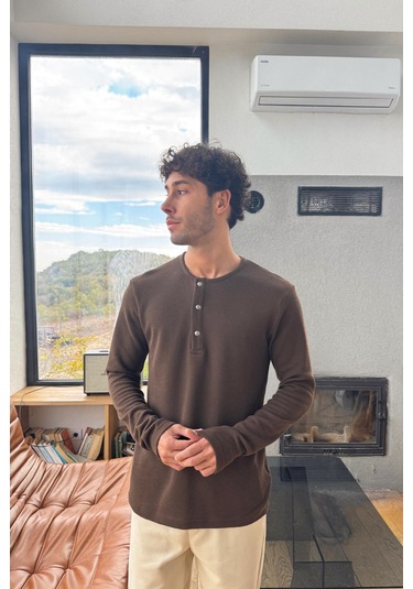 Çıt Çıtlı Oversize Uzun Kol Tişört Kahverengi Kahverengi