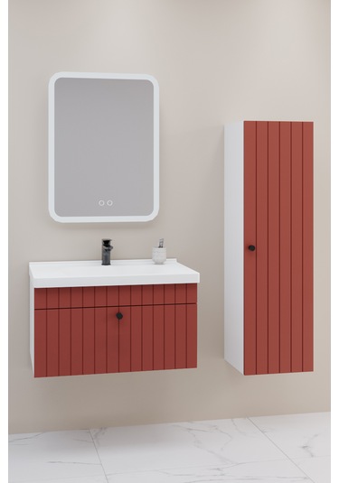 Alice 80 Cm Banyo Dolabı Cmr Led Aynalı Kiremit - Boy Dolap Dahil Kiremit