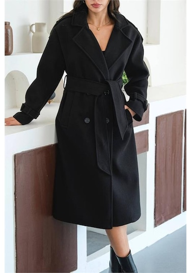 Neşeli Butik Kadın Omuz Detaylı Siyah Kaşe Kaban Nbmylk34 Siyah