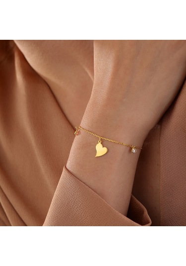 Queen Silver Jewelry 925 Ayar Gümüş. Kalp Objeli Zirkon Taş Sallantılı Bileklik Altın