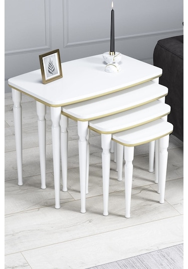 Imaj Mdf Ve Lake Boya, Beyaz-gold 4lü Zigon Sehpa Takımı, Beyaz Gürgen Ayaklar Sehpalar Beyaz-gold Ayaklar Beyaz