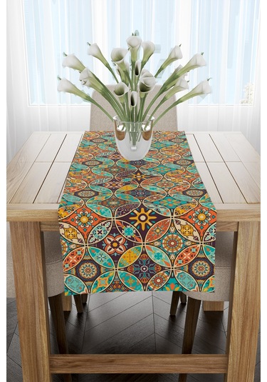 Turuncu Mavi Retro Vintage Desenli Runner 40x140cm Turuncu