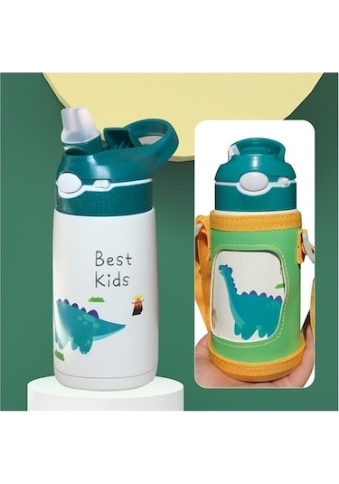 Paslanmaz Çelik Su Bardağı Çocuk Termos Bardak Bardak Kollu Ve Pipetli Edzhll Açık Yeşil