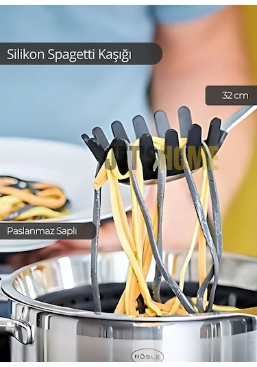 Silikon Spagetti Kaşığı Paslanmaz Çelik Saplı 32 Cm Siyah