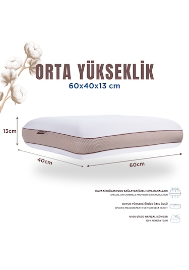 Pamuk Kılıflı Medium Visco Ortopedik Yastık, Kahverengi, 60x40x13