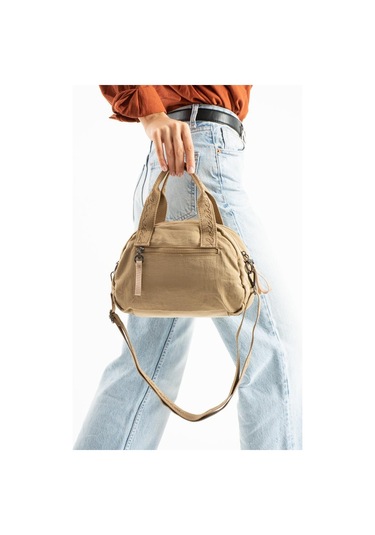 Kadın Omuz Çantası Elde Tutmalı Çapraz Askılı Postacı Bayan Çantası 20 27 Cm Astarlı Hafif Kumaş Vizon