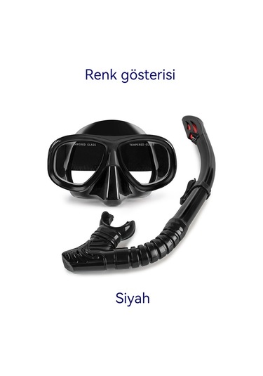 Profesyonel Şnorkel İki Parçalı Silikon Tam Kuru Şnorkel Büyük Çerçeve Sis Geçirmez Dalış Gözlüğü Seti Siyah