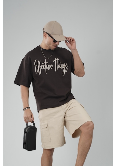 King-Brich Oversize Kalıp Effective Things Yazılı Basic Tişört Kahverengi