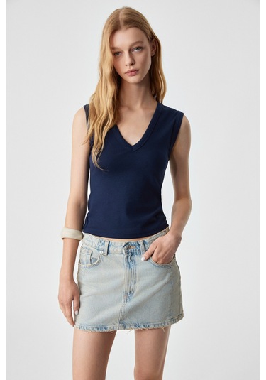 Lescosa Kadın Slim V Yaka Kolsuz Lacivert Bluz