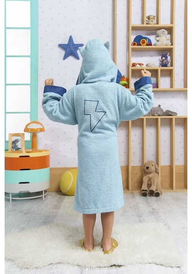 Formeya Kapşonlu Çocuk Bornoz %100 Pamuk Su Emici Mavi Hero Mavi