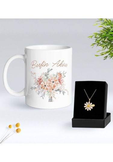 Bk Gift Kişiye Özel İsimli Çiçek Tasarımlı Beyaz Kupa Ve Papatya Kolye Hediye Seti - 19, Sevgiliye Hediye, Anneye Hediye, Arkadaşa Hediye Kobitmeyenco