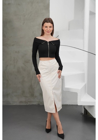 Yırtmaçlı Uzun Deri Etek Krem Krem