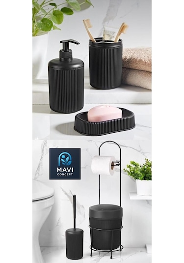 6 Parça Banyo Seti Çöp Kovalı Tuvalet Kağıtlığı-tuvalet Fırçası-sıvı Ve Katı Sabunluk-diş Fırçalık Siyah