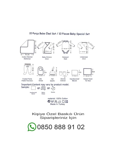 İsim Baskılı %100 Pamuk Baskılı 10 Lu Organik Erkek Bebek Hastane Çıkışı Beyaz