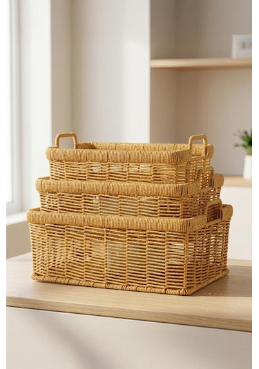 Digithome 3'lü Hasır Rattan Organizer Sepet - Bb6064 Turuncu