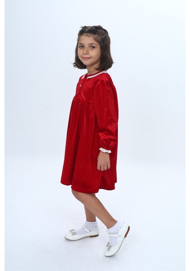 Toontoy Kız Çocuk Yaka Düğmeli Fırfırlı Elbise Kırmızı