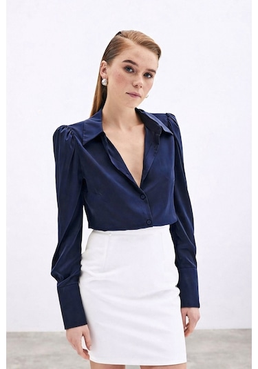 Sateen Vatkalı Saten Gömlek - Lacivert-136729 Lacivert