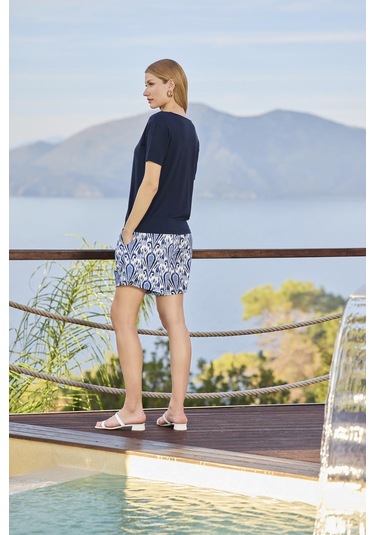 Monamise Kadın Etnik Desenli Kısa Kollu V Yaka Şort Takımı 25112 Lacivert