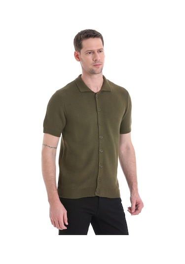 Hatemoğlu Regular Fit Düz Düğmeli Kısa Kollu Triko Hırka 34162024c001 022 - Haki