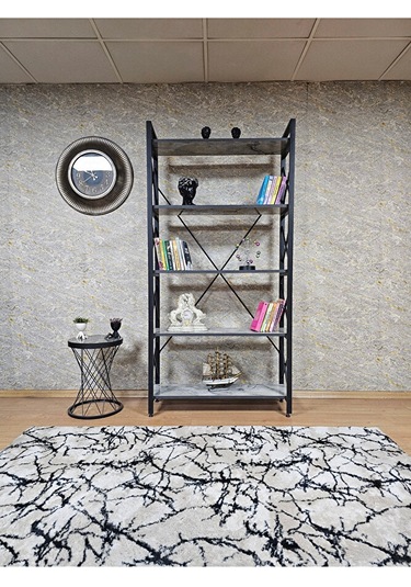 Siyah Boyalı Kitaplık - 5 Raflı Suntalem Lüks Kitaplık Marmol Çok Renkli