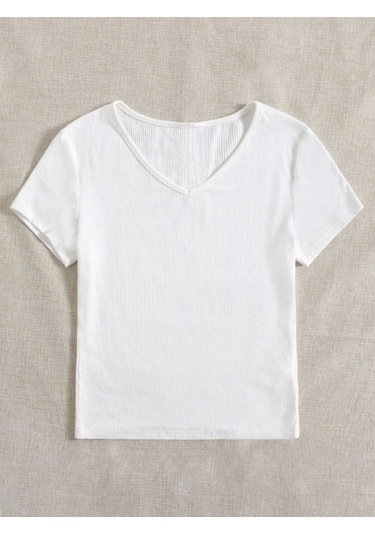V Yaka Beyaz Renk Fitilli Kısa Kollu Slim Fit Crop Top Bluz