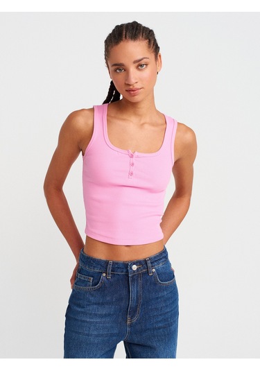 Dilvin 20983 Düğmeli Kare Yaka Top-pembe Pembe