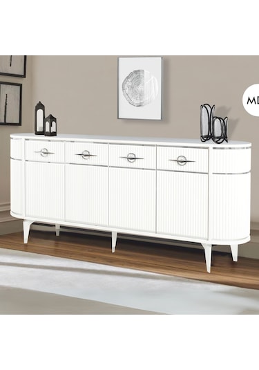 Maya 4 Kapaklı Gümüş Detaylı Konsol Beyaz Renkli Oval Model 180x45x84 Cm Beyaz - Gümüş