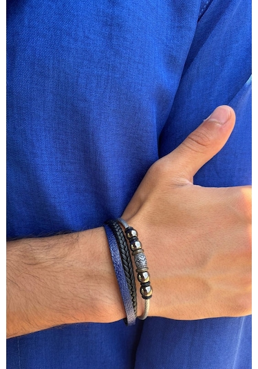 El İşçiliği İle Üretilmiş Hakiki Deri Erkek Bileklik Mavi