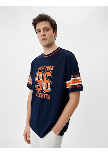 Koton Tişört Spor Baskılı Renk Bloklu Bisiklet Yaka Lacivertvert 4Sam10137Hk Lacivert