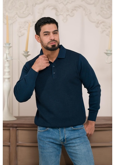 Woolen World Polo Yaka Armürlü Yünlü Erkek Triko Kazak Lacivert