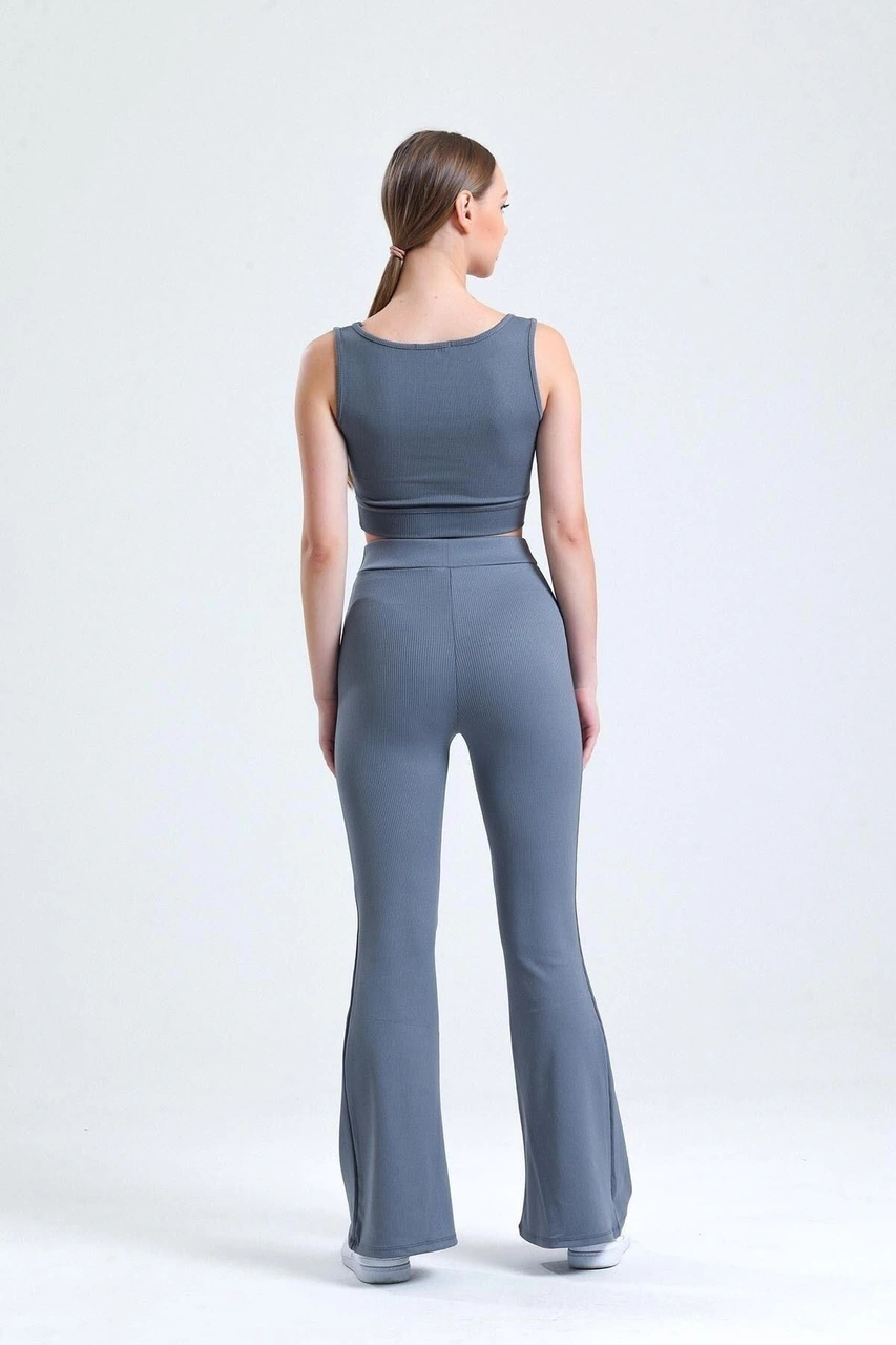 Siyah Yüksek Bel Fitilli Ispanyol Paça Interlok Örme Kadın Tayt Antrasit