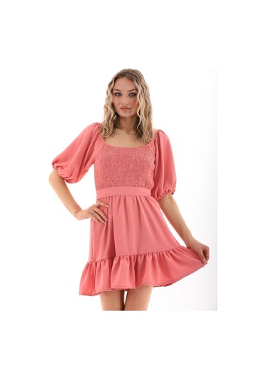 Kallima Fırfırlı Diz Üstü Balon Kol Pudra Aerobin Elbise - 90 Cm