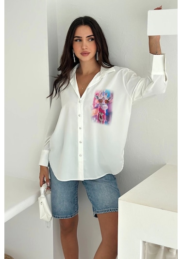 Zürafa Desen Baskılı Taşlı Gömlek Beyaz
