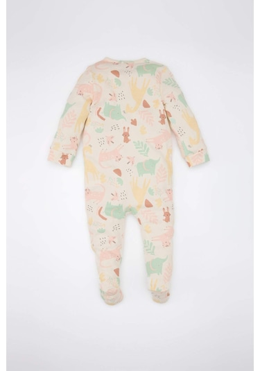 DeFacto Kız Bebek Yenidoğan Safari Baskılı Uzun Kollu Fermuarlı Tulum D8309A5NSER233 Ekru