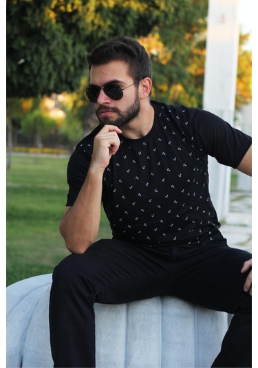 Erkek Siyah Çapa Desen Kısa Kollu Rahat Tişört 20etshcapa 001