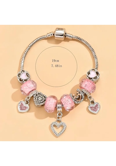 Worldshop Pembe Taşlı Kalp Charmlı Bileklik