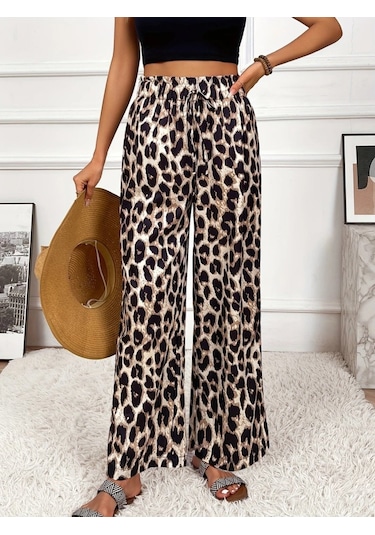 Soonaksesuar Kadın Yüksek Bel Beli Lastikli Bağcıklı Leopar Desenli Süprem Pantolon Çok Renkli