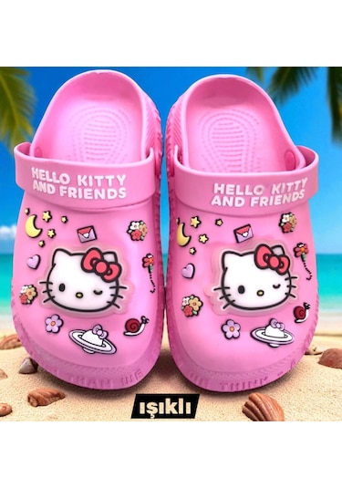 Hello Kitty Kız Çocuk Kaymaz Taban Işıklı Pembe Terlik Havuz Plaj Sandaleti Pembe - Beyaz