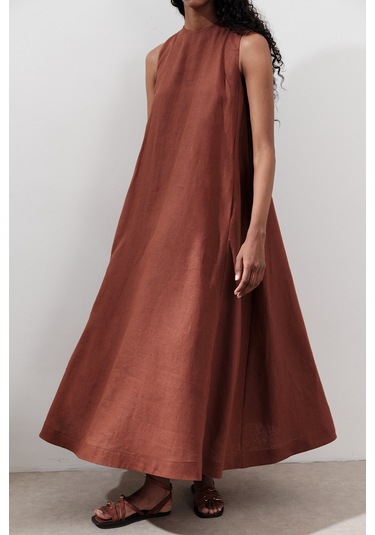 Keten Büzgülü Geniş Elbise Bakır Bakır
