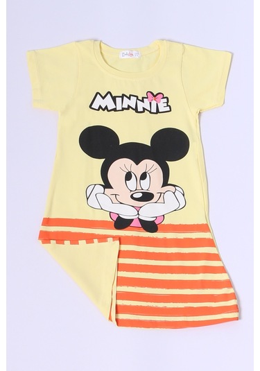 Kız Çocuk Elbise Karakter Baskılı Çizgili A25 Sarı