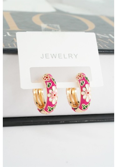 Kadın Özel Seri Mineli Çiçek Motifli Kararmaz 2 Cm Halka Küpe Seti - Pembe