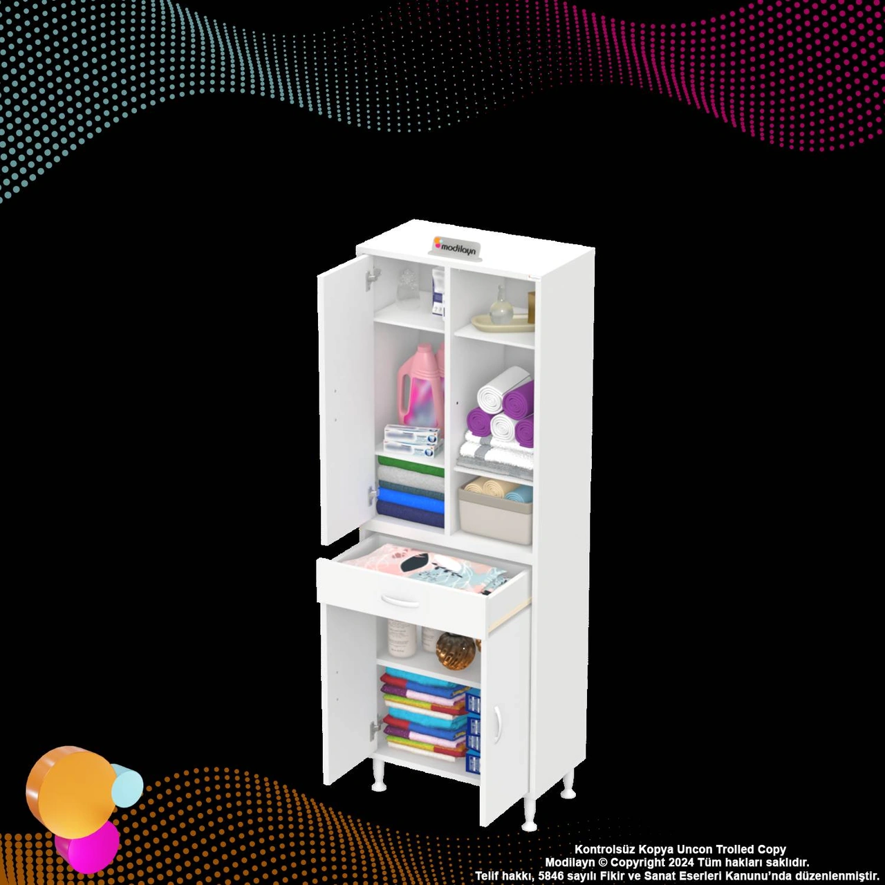 Kayra Banyo Ve Mutfak Dolabı Çok Amaçlı Dolap Tek Çekmece 3 Kapak 5 Raf 8 Bölme 55x173x32,5 Cm Beyaz