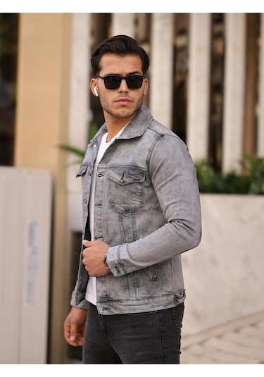 Gri Renk Eskitme Kot Ceket-1502 Gri