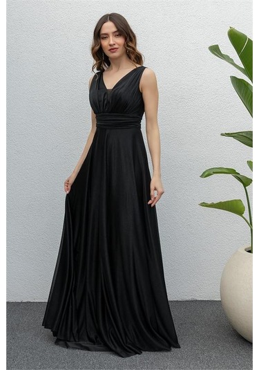 Neşeli Butik Kadın Siyah Drapeli Tül Abiye Elbise Nb2030 Siyah