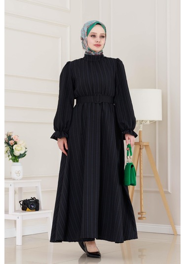 Kolu Volanlı Kemerli Henna Elbise-siyah-5060 Siyah